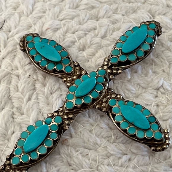 Large N Dishta Zuni Turquoise Cross Pendant Sterling Silver Inlay Navajo NM Vtg - Picture 3 of 15